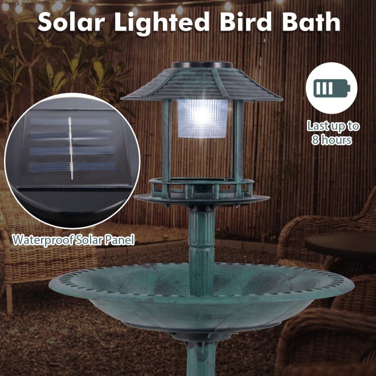 Pedestal Bird Bath with Solar Light with Bird Feeder and Flower Planter-Green