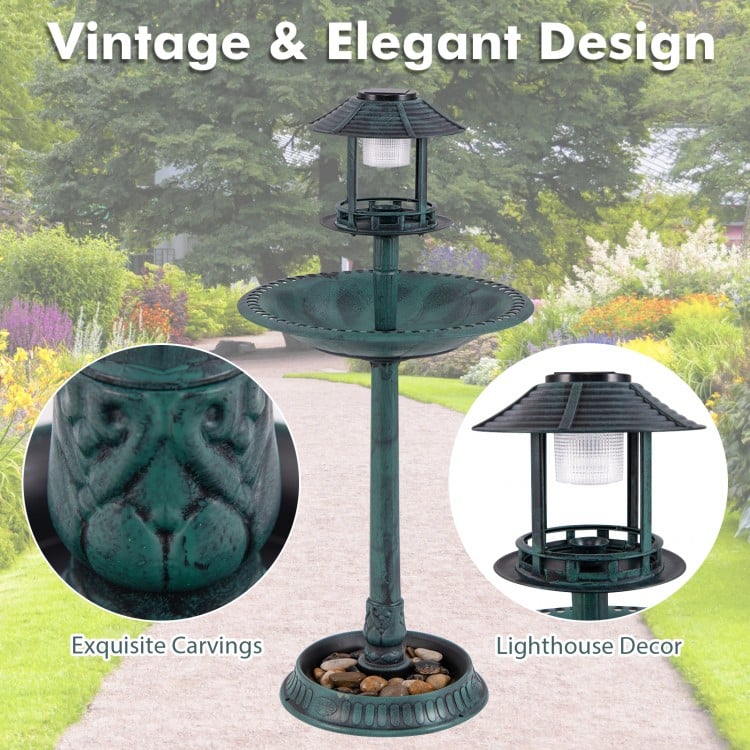 Pedestal Bird Bath with Solar Light with Bird Feeder and Flower Planter-Green