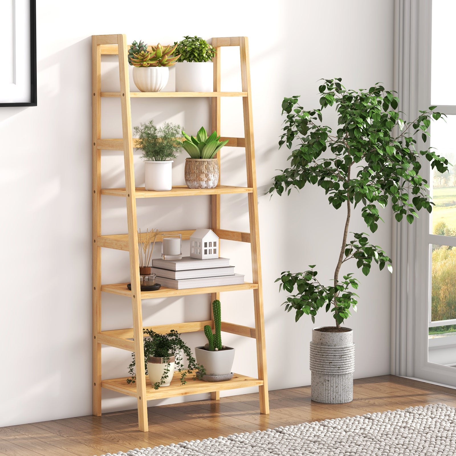 47.5 Inch 4-Tier Multifunctional Bamboo Bookcase Storage Stand RackÂ
