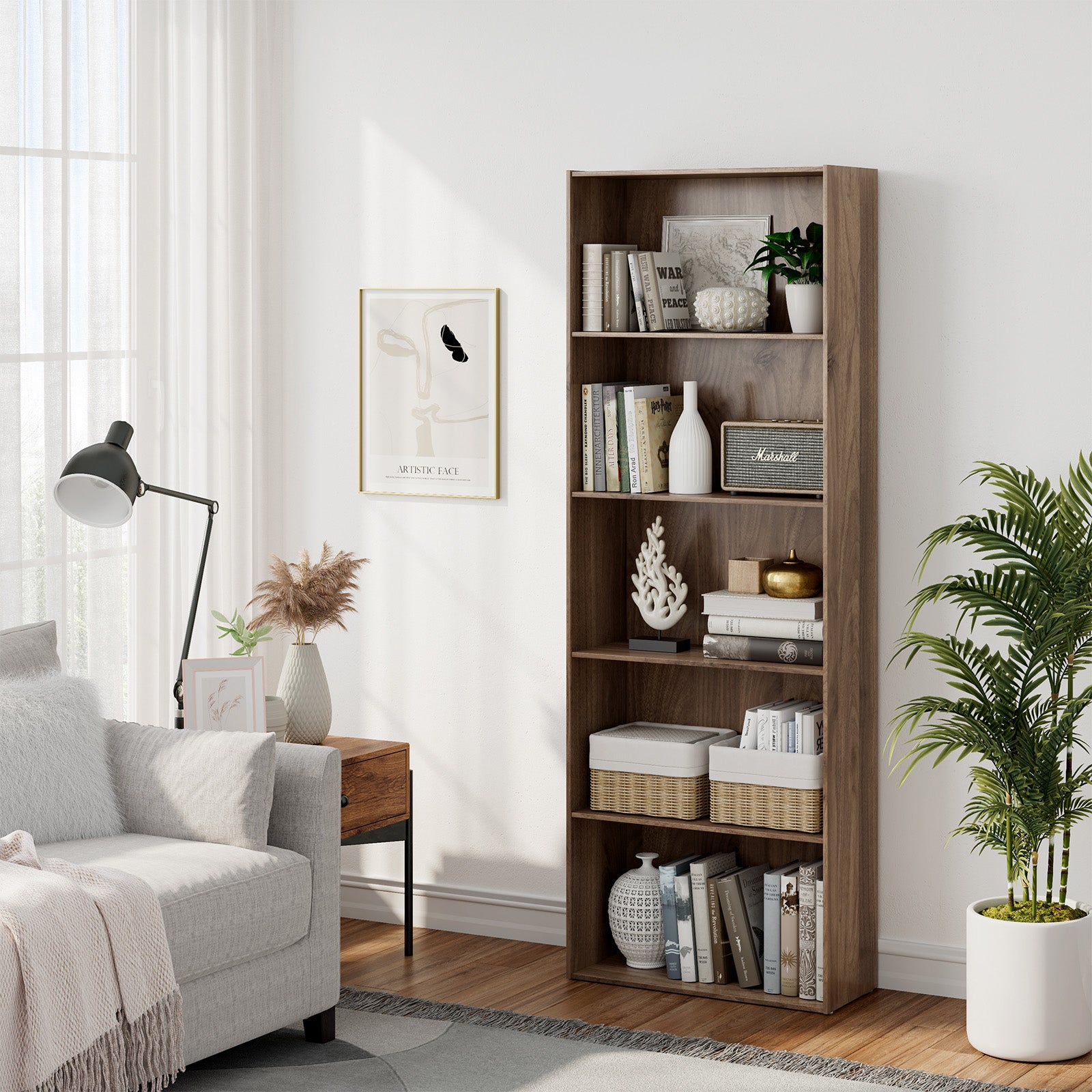 5-Shelf Storage Bookcase Modern Multi-Functional Display Cabinet Furniture-WalnutÂ