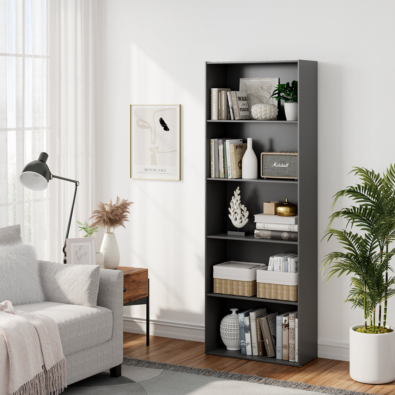 5-Shelf Storage Bookcase Modern Multi-Functional Display Cabinet Furniture-BlackÂ