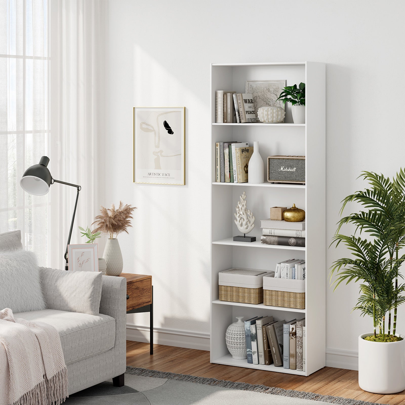 5-Shelf Storage Bookcase Modern Multi-Functional Display Cabinet-WhiteÂ