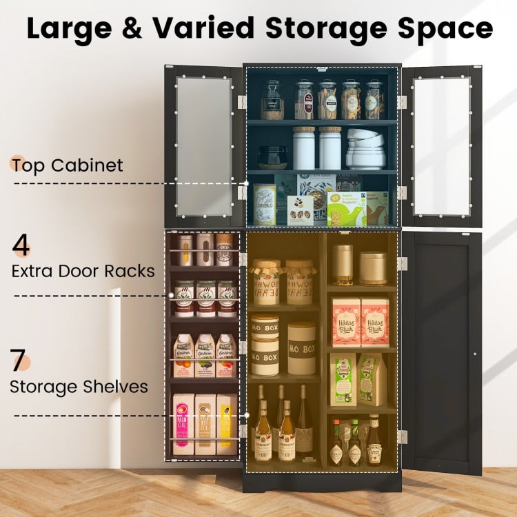 Tall Kitchen Pantry Cabinet with Dual Tempered Glass Doors and Shelves-Black