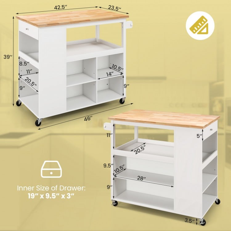 Kitchen Island Trolley Cart on Wheels with Storage Open Shelves and Drawer-White