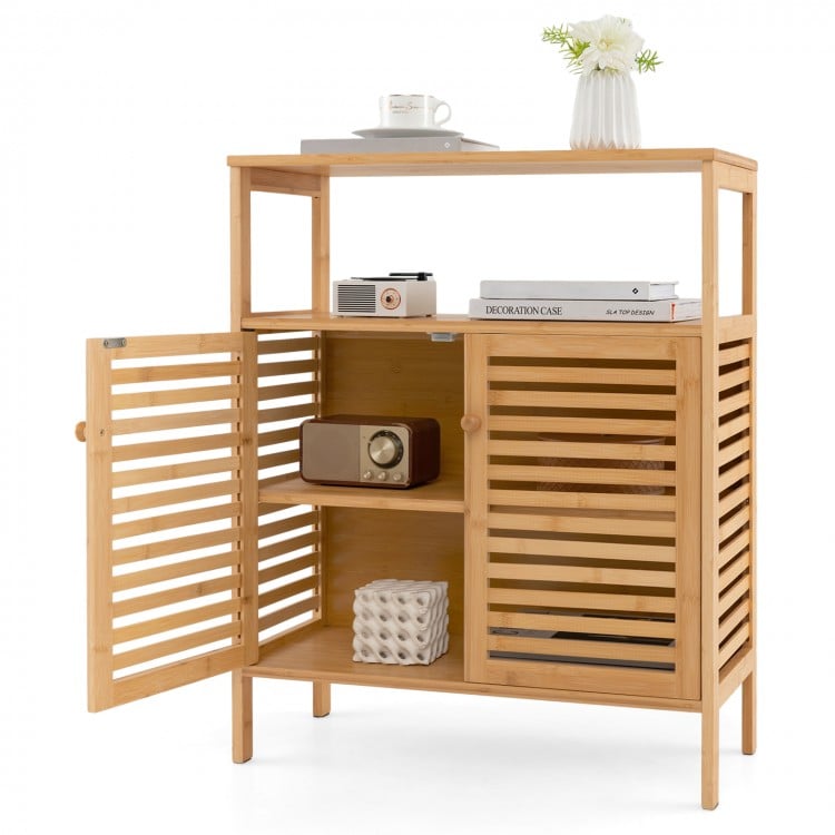 Bamboo Bathroom Floor Storage Cabinet with Shutter Doors-Natural