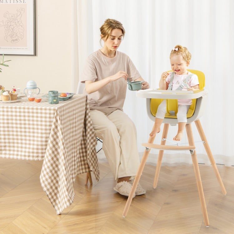 3-in-1 Convertible Wooden High Chair with Cushion-Yellow