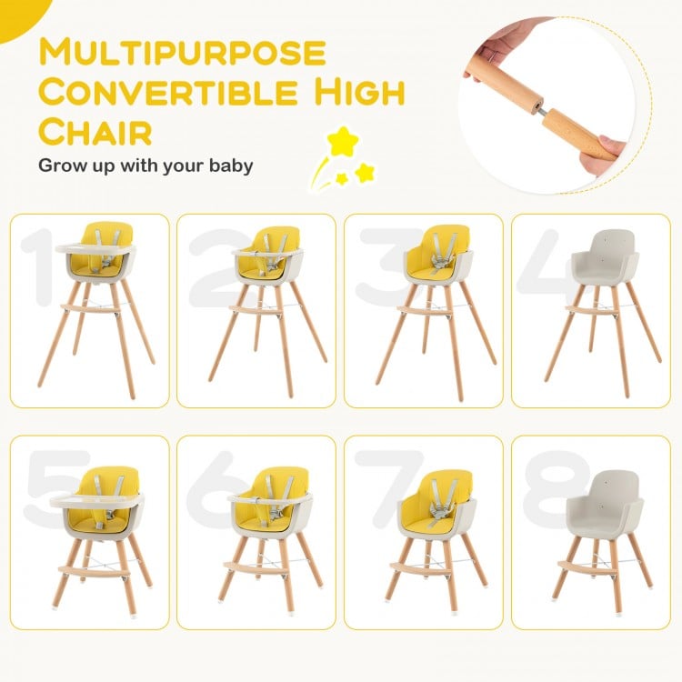 3-in-1 Convertible Wooden High Chair with Cushion-Yellow