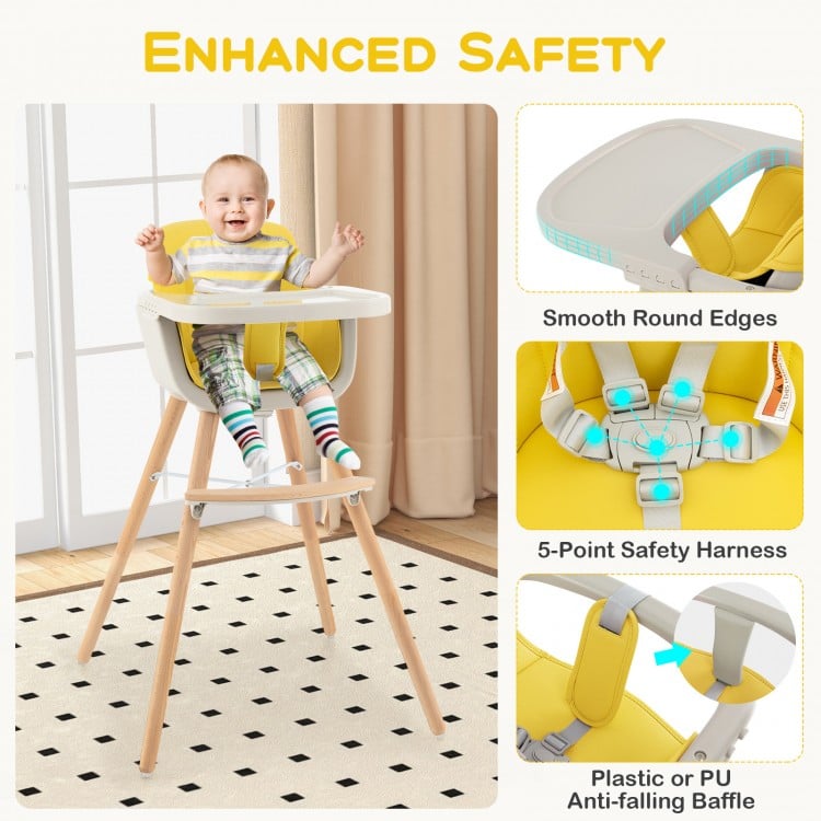 3-in-1 Convertible Wooden High Chair with Cushion-Yellow