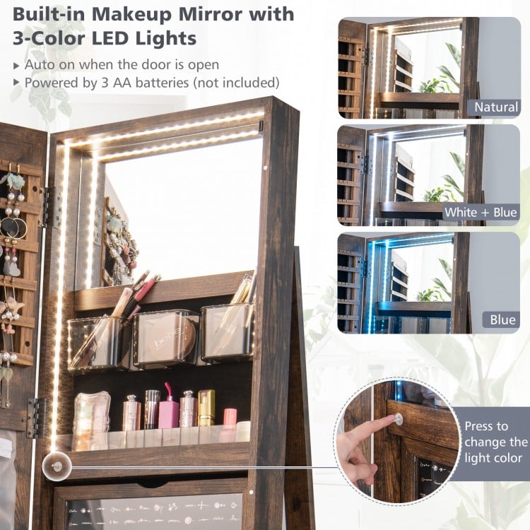 360° Rotating Mirrored Jewelry Cabinet Armoire 3 Color LED Modes Lockable-Dark Brown