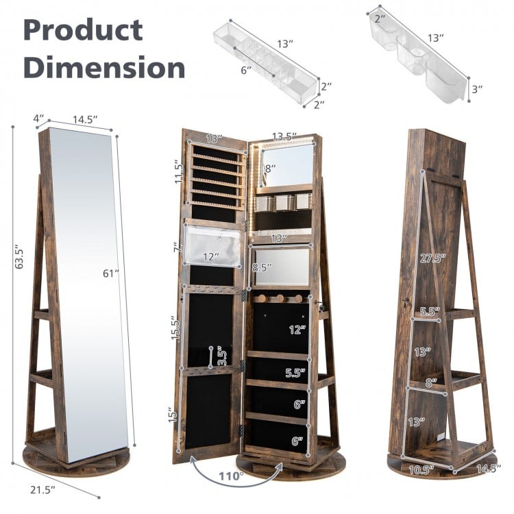 360° Rotating Mirrored Jewelry Cabinet Armoire 3 Color LED Modes Lockable-Dark Brown