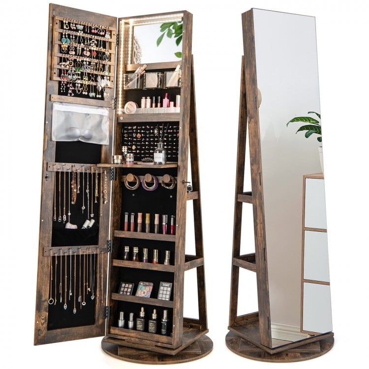 360° Rotating Mirrored Jewelry Cabinet Armoire 3 Color LED Modes Lockable-Dark Brown