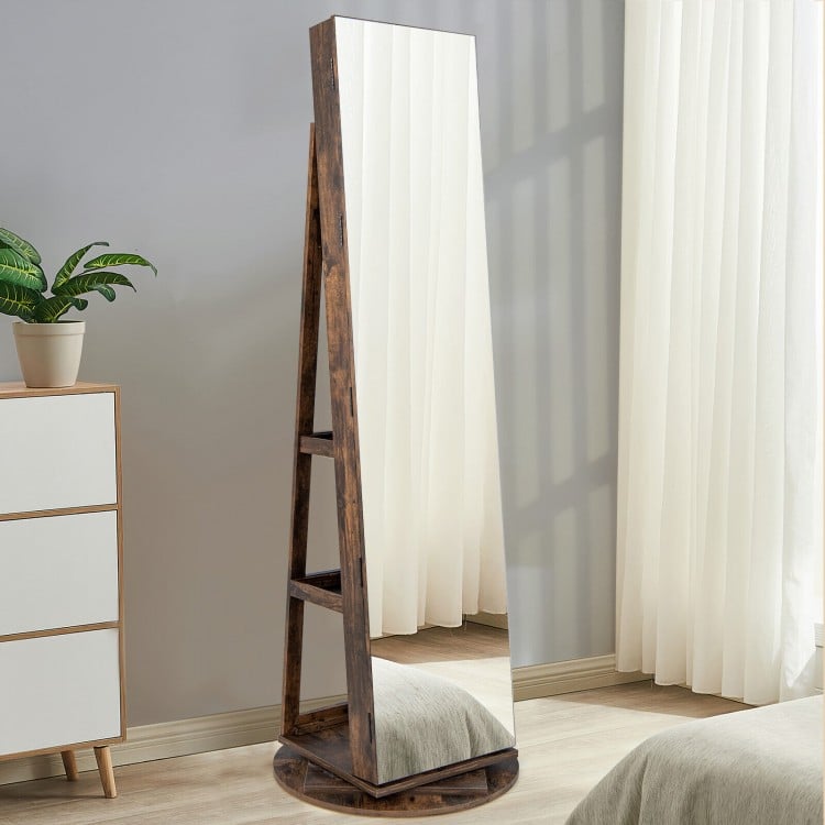 360° Rotating Mirrored Jewelry Cabinet Armoire 3 Color LED Modes Lockable-Dark Brown