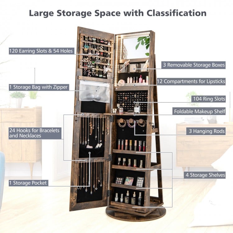 360° Rotating Mirrored Jewelry Cabinet Armoire 3 Color LED Modes Lockable-Dark Brown