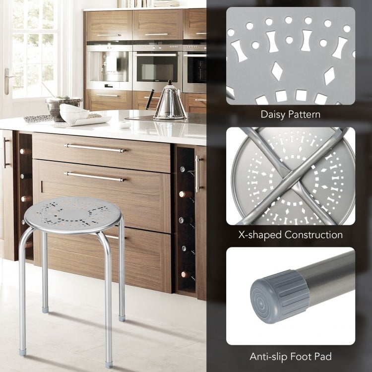 6-Pack Stackable Multifunctional Daisy Design Backless Round Metal Stool Set-Grey