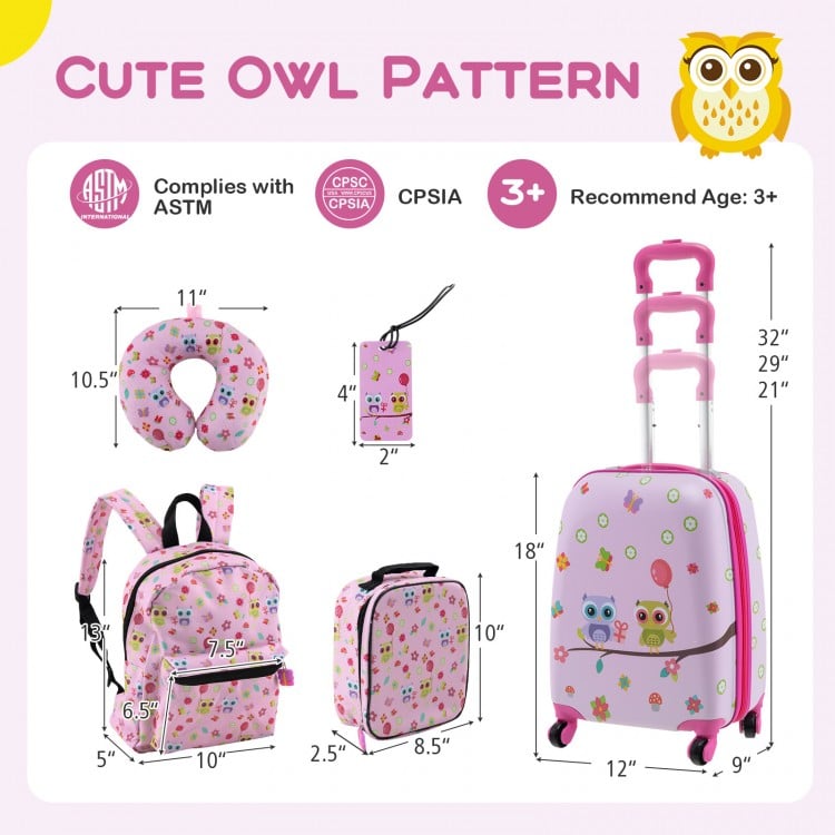 5 Piece Kids Luggage Set with Backpack Neck Pillow Name Tag Lunch Bag-Hot Pink