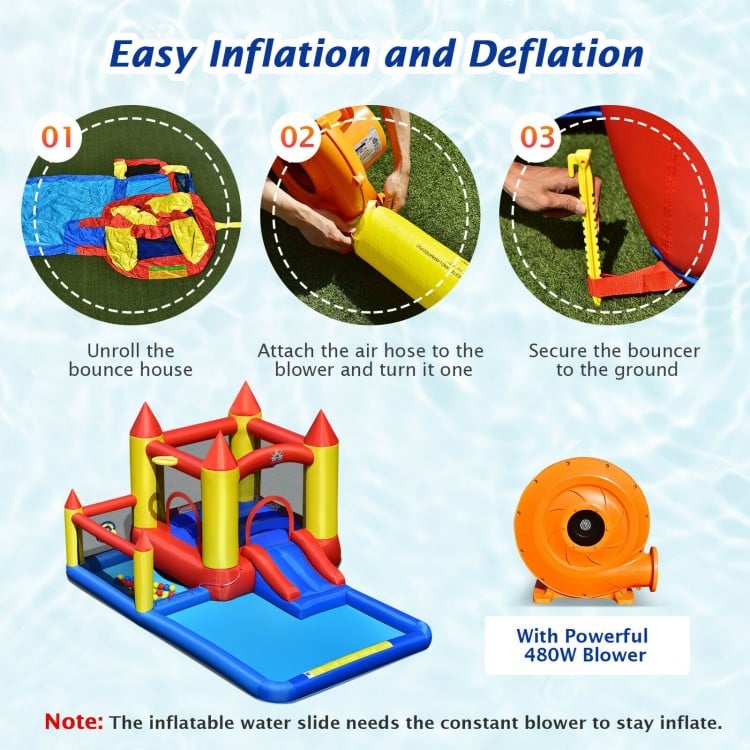 Inflatable Water Slide Castle Kids Bounce House with 480W Blower