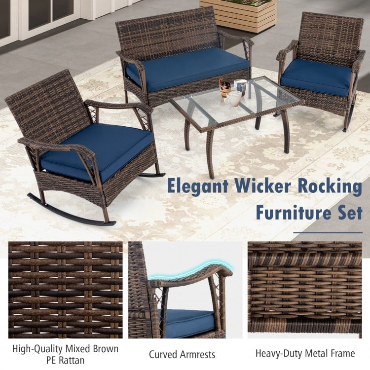 4 Pieces Wicker Rocking Set with Bungee Rope Seat for Porch Yard-Navy