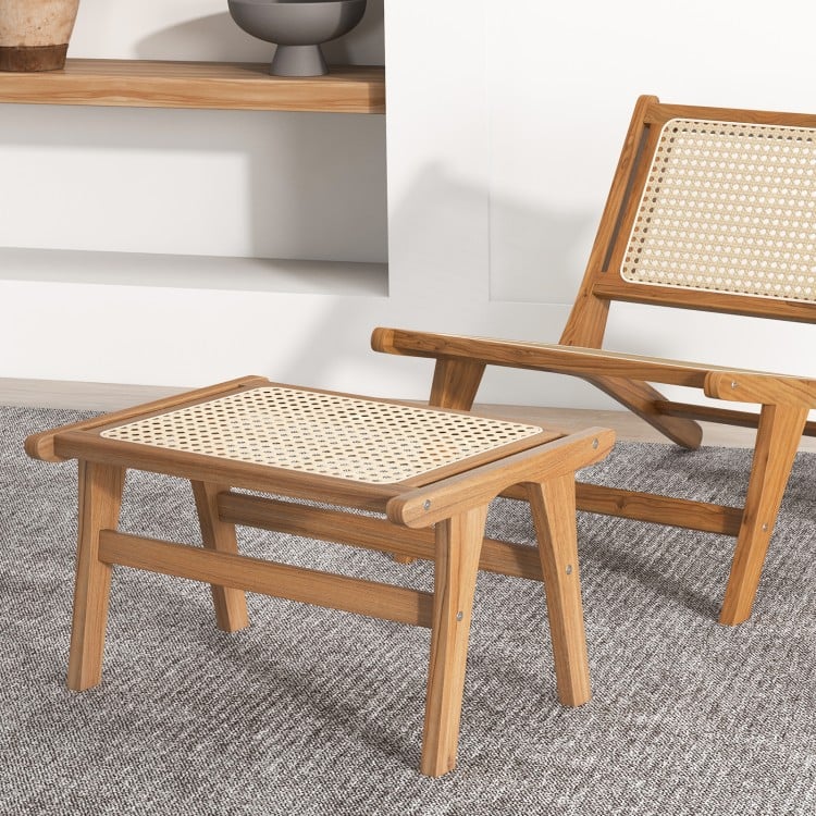 Natural Teak Wooden Foot Rest with Handwoven Rattan - Natural