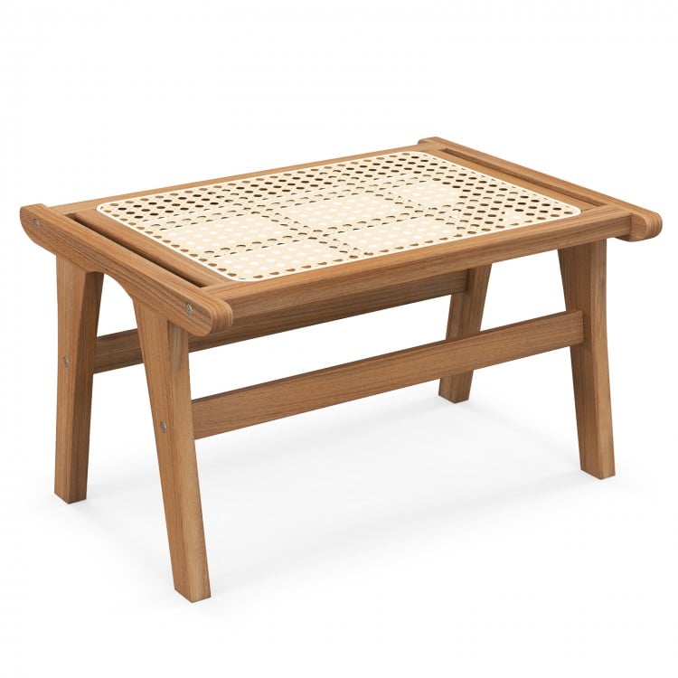 Natural Teak Wooden Foot Rest with Handwoven Rattan - Natural