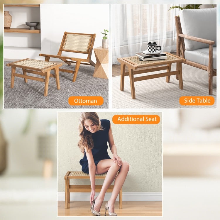Natural Teak Wooden Foot Rest with Handwoven Rattan - Natural