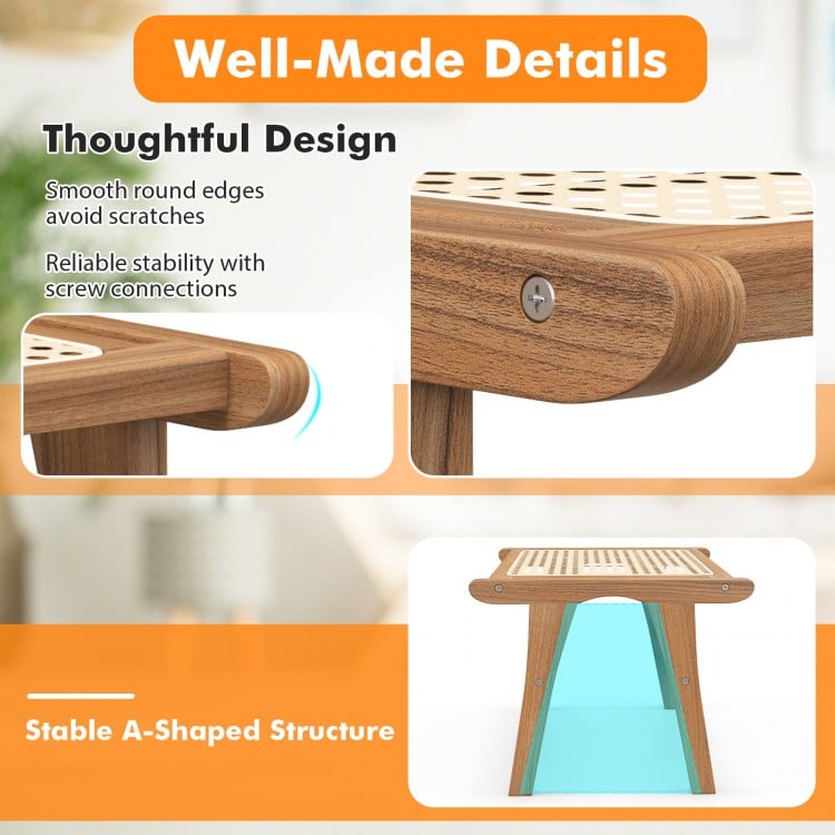 Natural Teak Wooden Foot Rest with Handwoven Rattan - Natural