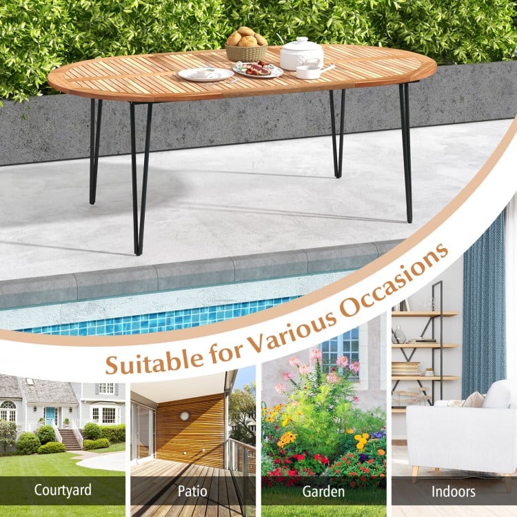 79 Inch Oval Patio Dining Table with Umbrella Hole and Acacia Wood Tabletop for 8 People