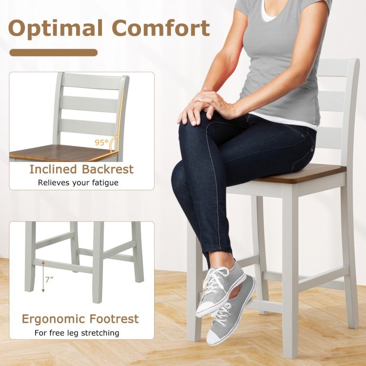 Set of 2 Counter Bar Stool with Inclined Backrest and Footrest-Gray