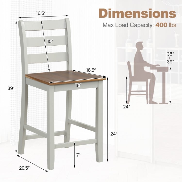 Set of 2 Counter Bar Stool with Inclined Backrest and Footrest-Gray