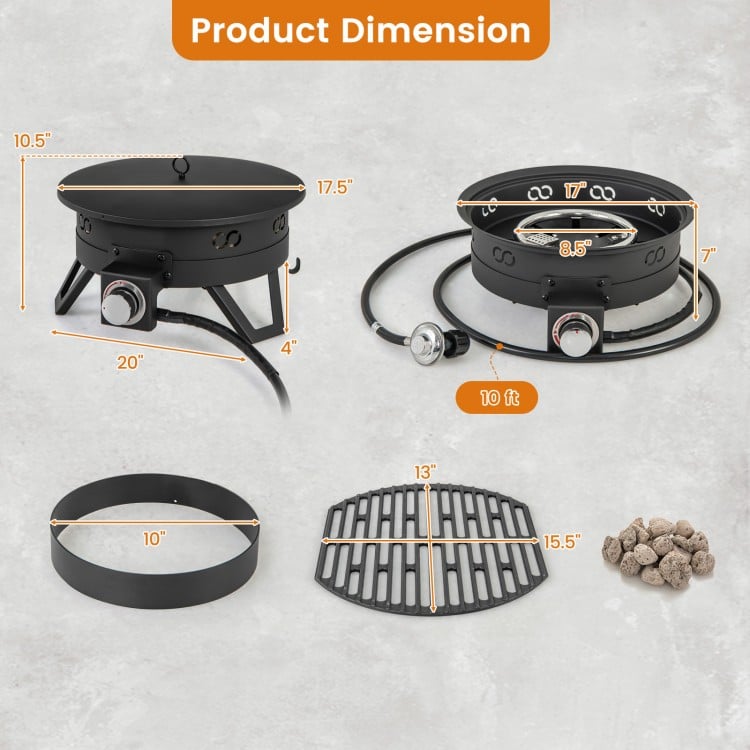 17 Inch Portable Gas Fire Pit with Folding Legs and Removable Grill for Camping