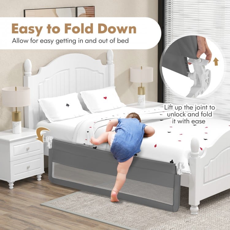 71 Inch Extra Long Swing Down Bed Guardrail with Safety Straps-Gray