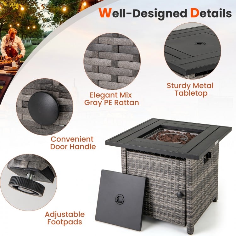 29 Inch Propane Rattan Firepit Table with Lava Rocks and Protective Cover