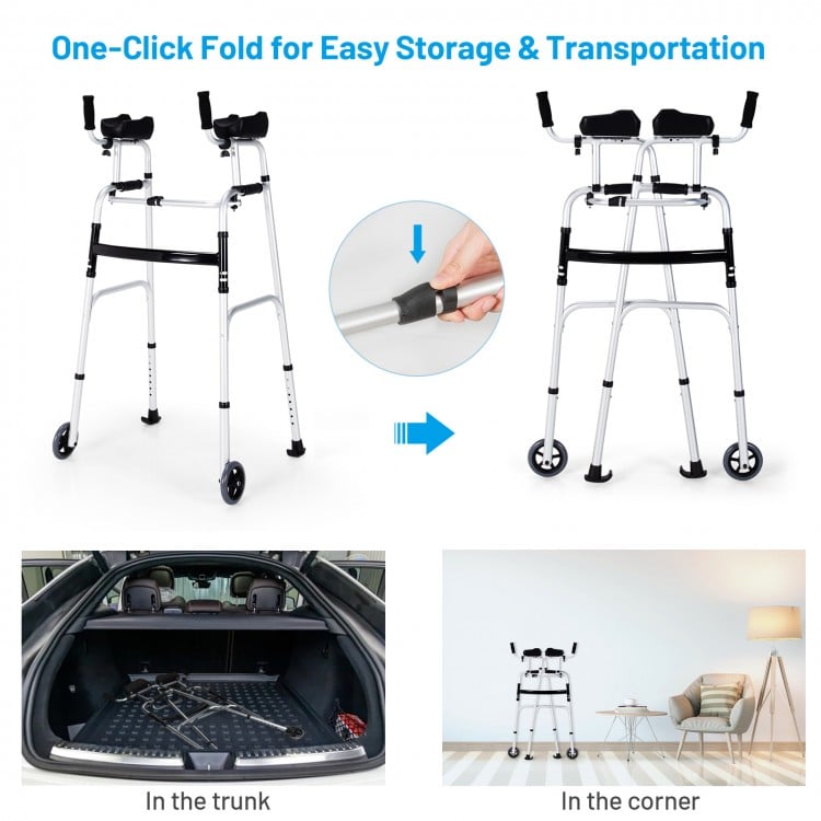 Folding Height Adjustable Walking Frame with Armrest Support-Silver