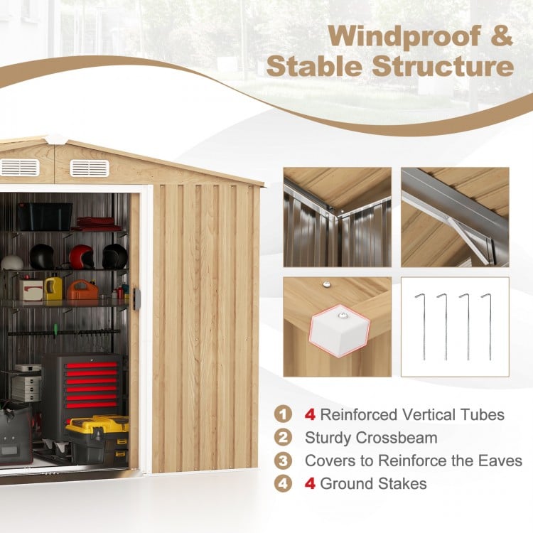 Weather Resistant Galvanized Steel Shed with Tilted Roof for Backyard Garden Patio Lawn-Natural
