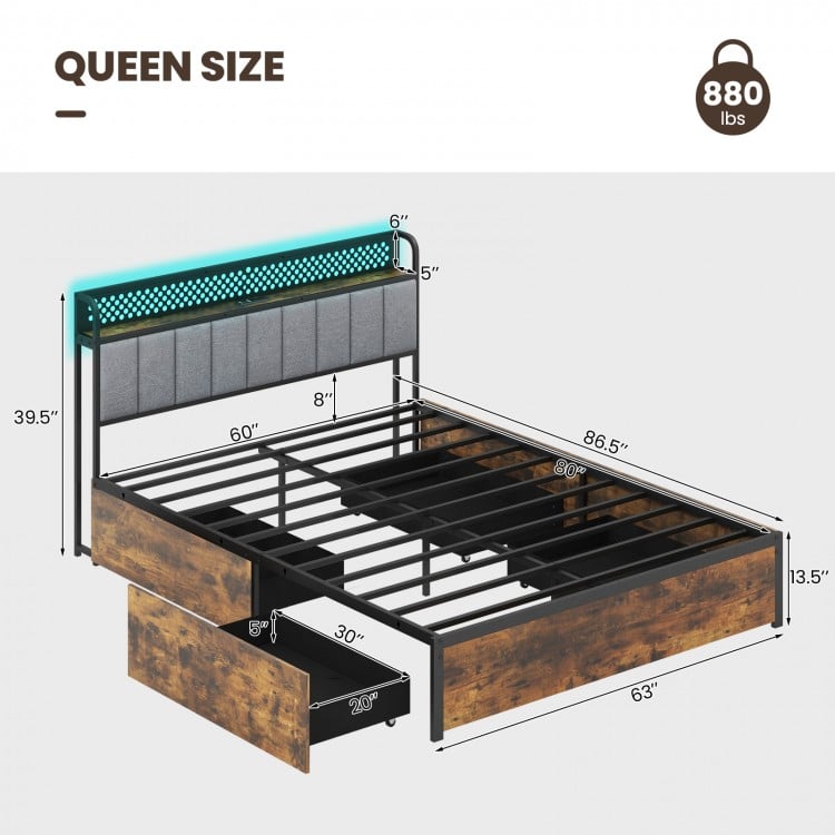 Twin/Full/Queen Bed Frame with LED Lights Upholstered Headboard and 4 Storage Drawers-Queen Size