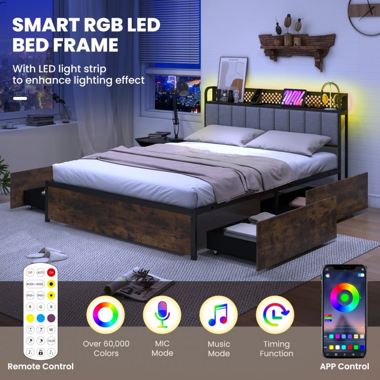 Twin/Full/Queen Bed Frame with LED Lights Upholstered Headboard and 4 Storage Drawers-Queen Size