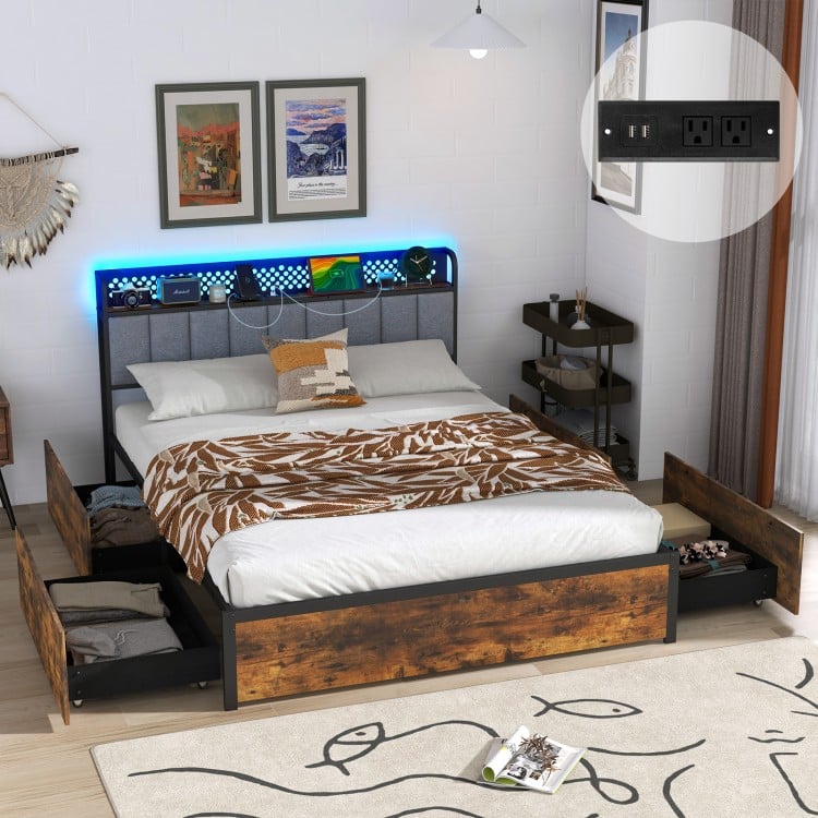 Twin/Full/Queen Bed Frame with LED Lights Upholstered Headboard and 4 Storage Drawers-Full Size