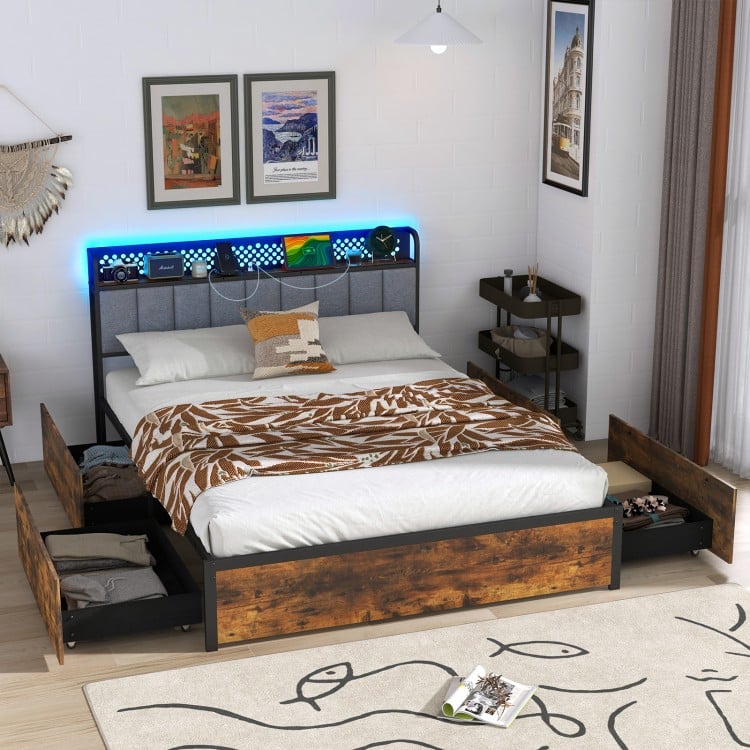 Twin/Full/Queen Bed Frame with LED Lights Upholstered Headboard and 4 Storage Drawers-Full Size