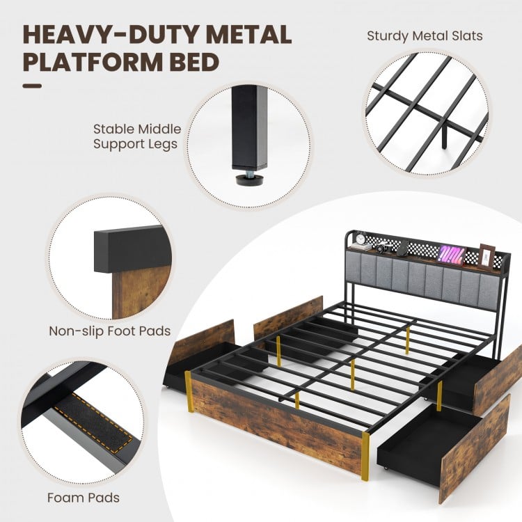 Twin/Full/Queen Bed Frame with LED Lights Upholstered Headboard and 4 Storage Drawers-Full Size