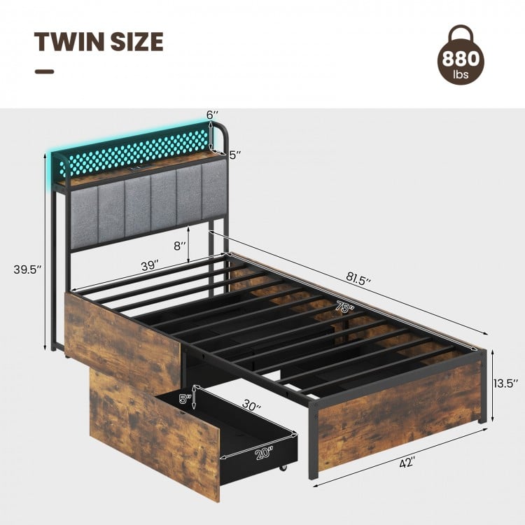 Twin/Full/Queen Bed Frame with LED Lights Upholstered Headboard and 4 Storage Drawers-Twin size
