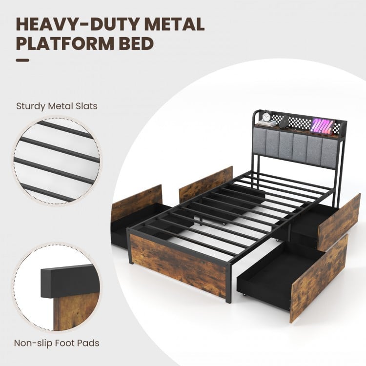 Twin/Full/Queen Bed Frame with LED Lights Upholstered Headboard and 4 Storage Drawers-Twin size