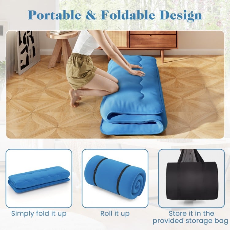 Foldable Futon Mattress with Washable Cover and Carry Bag for Camping Blue-Queen Size