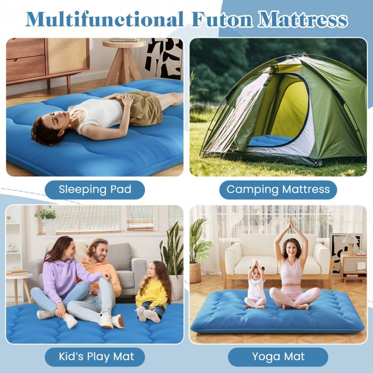 Foldable Futon Mattress with Washable Cover and Carry Bag for Camping Blue-Queen Size