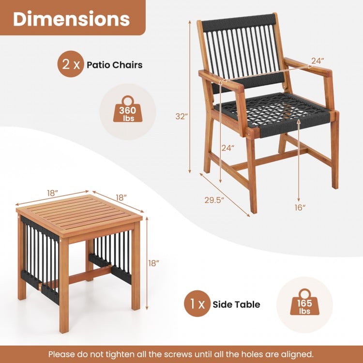 3 Pieces Acacia Wood Patio Furniture Set with Armchairs Coffee Table