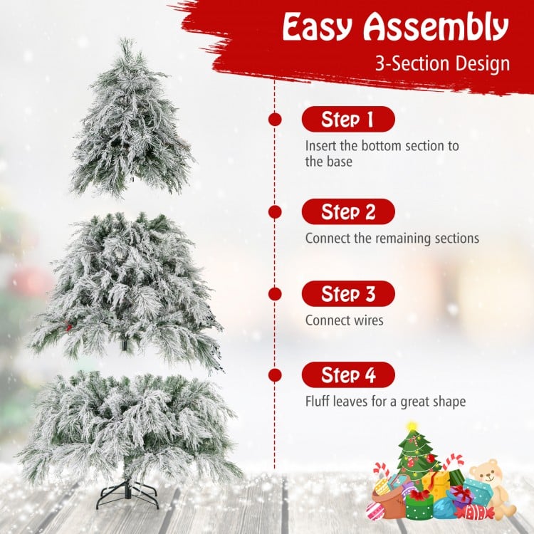 6 Feet Pre-Lit Snow Flocked Christmas Tree with Warm White LED Lights