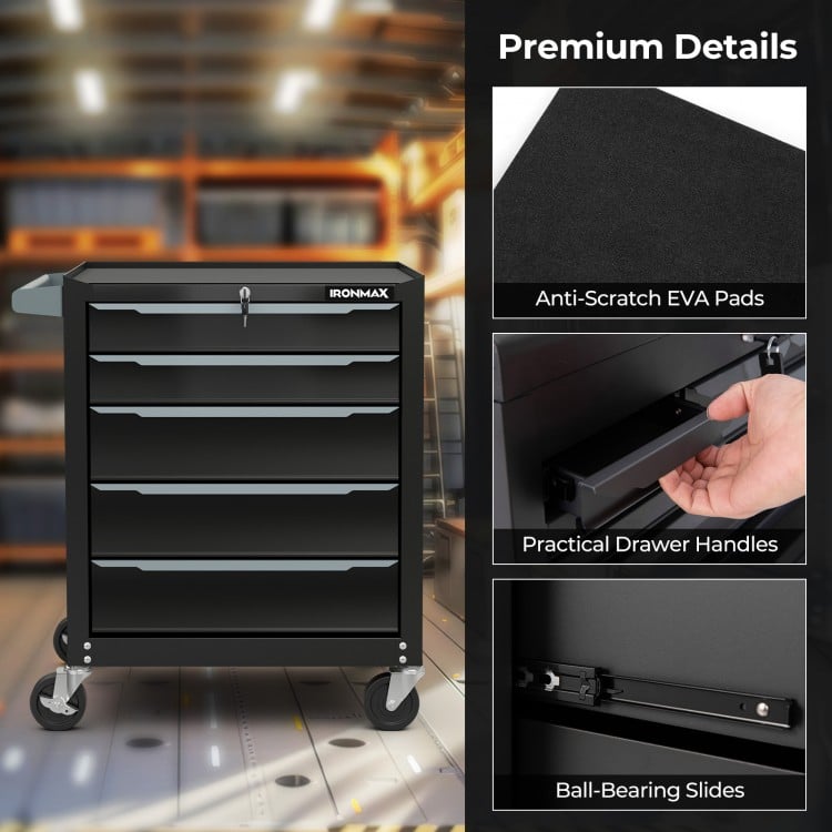 5-Drawer Tool Storage Cabinet with Hanging Holes and Central Keyed Locking System-Black
