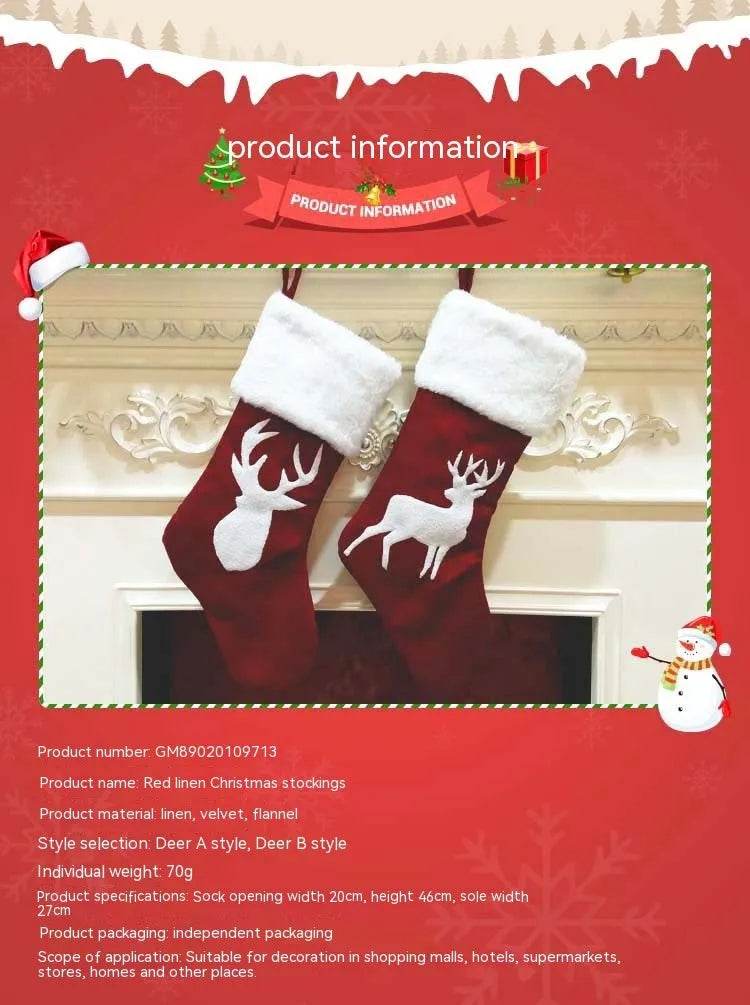 Christmas Stockings Gift Bag Red Hemp Elk Embroidery Christmas Stockings Gift Pendant