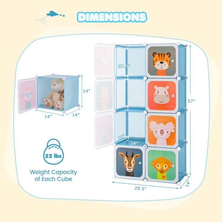8-Cube Kids Wardrobe Closet with Clothes Hanging Section and Doors-Blue