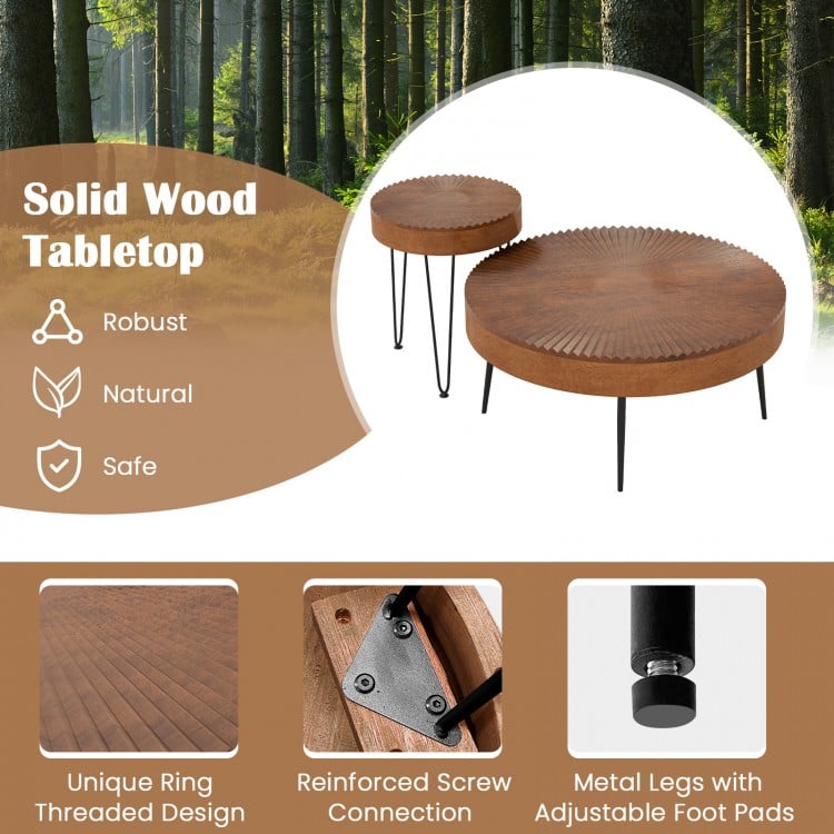 Set of 2 Boho Round Coffee Table with Solid Pine Wood Top and Metal Legs-Brown