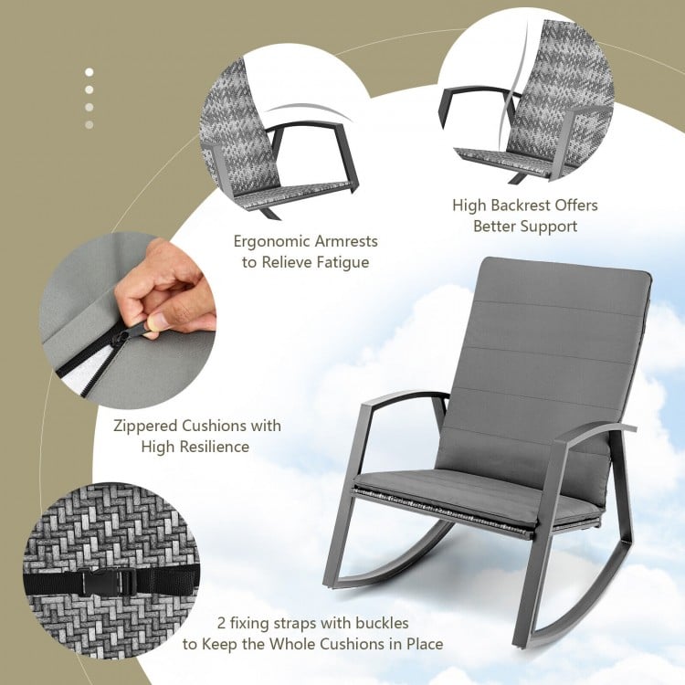 3 Pieces Patio Rattan Rocking Furniture Set-Gray