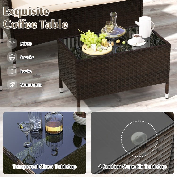 4 Pieces Comfortable Outdoor Rattan Sofa Set with Glass Coffee Table-Beige and Gray